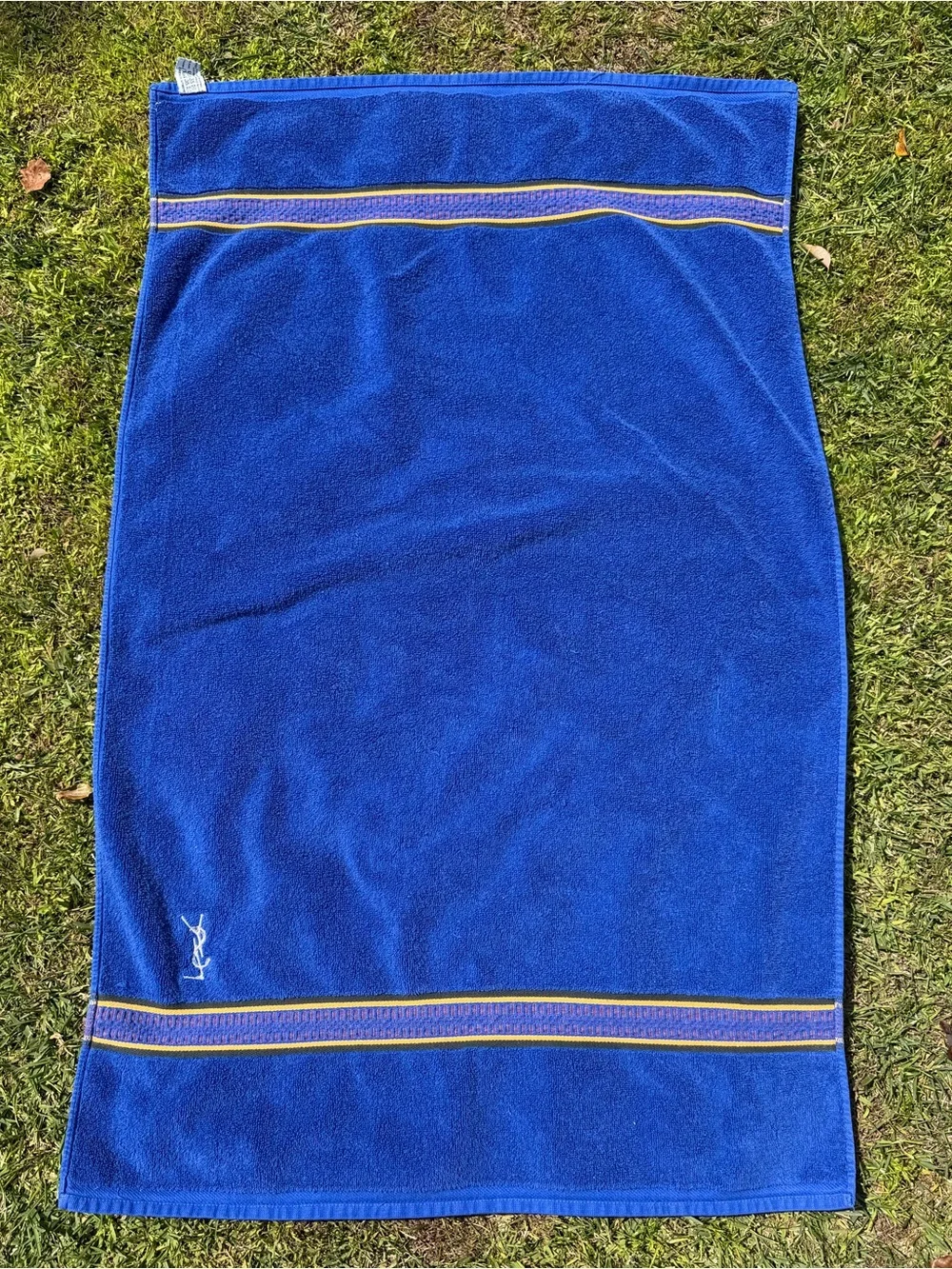 VTG Yves Saint Laurent YSL Bath Towel Bright Blue Embroidered Edge 25x41 France